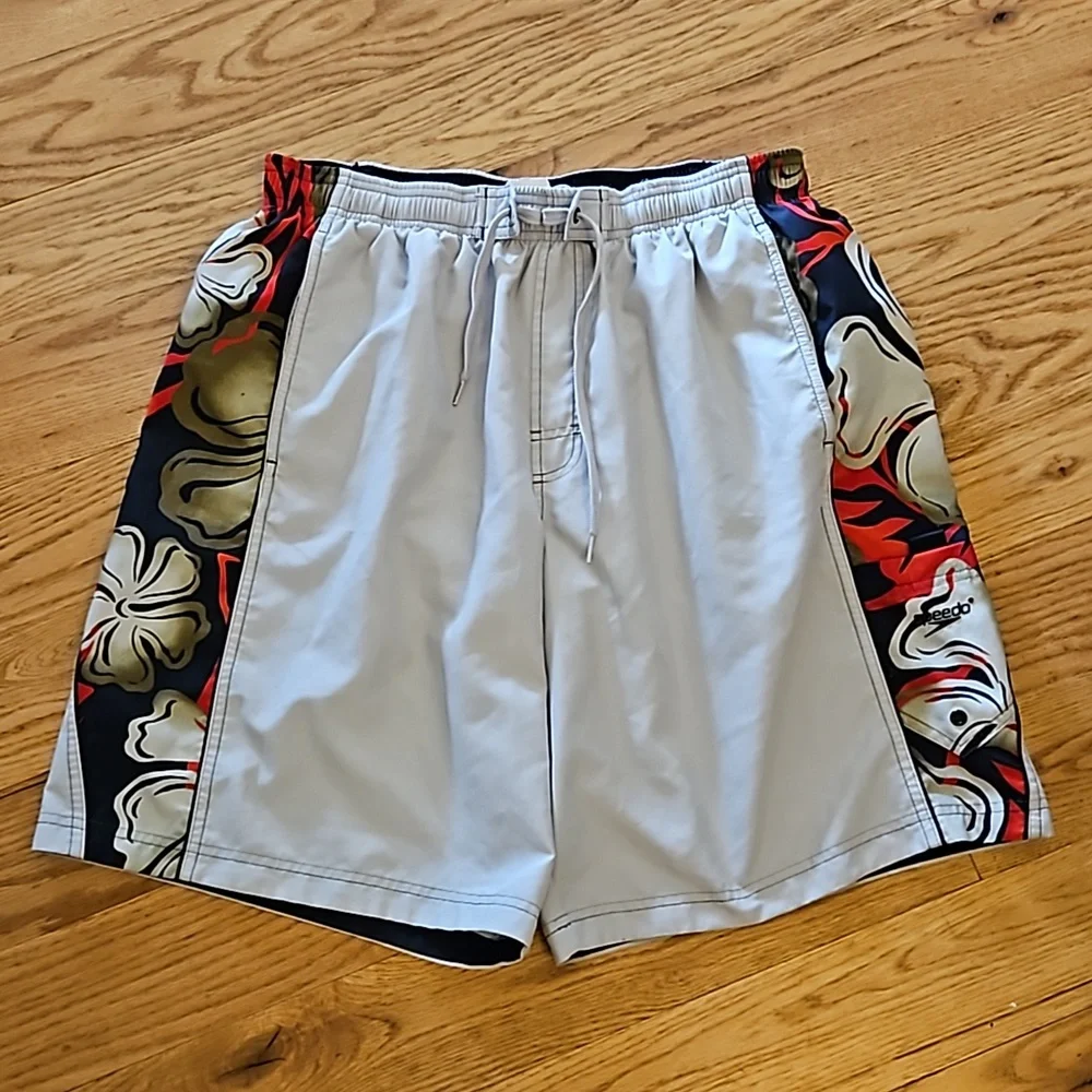 SPEEDO SWIM TRUNKS XL MEN'S  TAN NAVY BLUE RED POCKETS